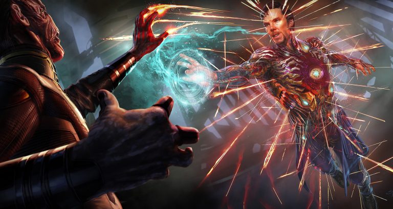 ilustración de doctor strange con armadura de iron man en avengers infinity war