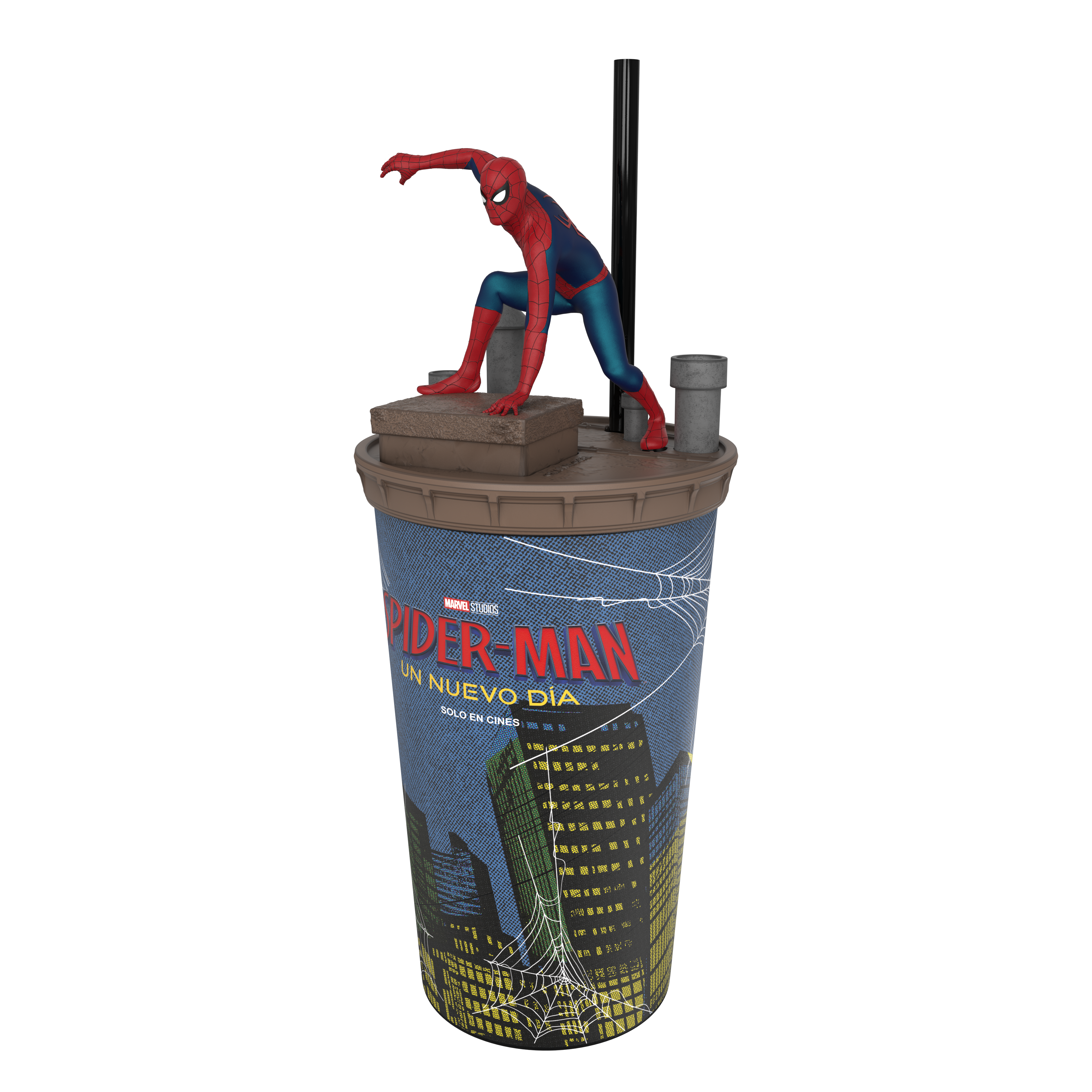 Vaso coleccionable de Spider-Man sobre una azotea