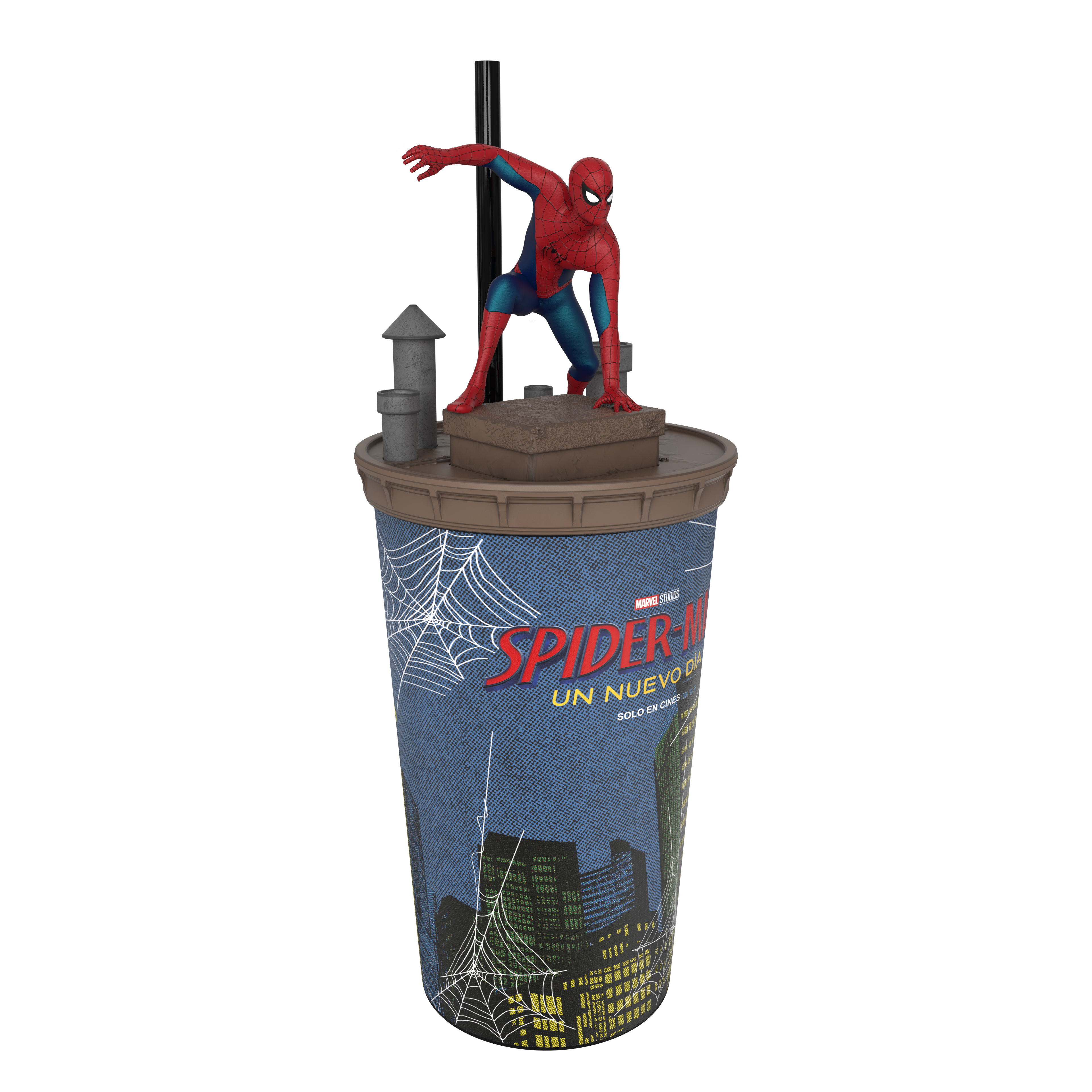 Vista lateral del vaso de Spider-Man sobre una azotea